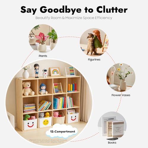 12-Cube Solid Wood Bookshelf, 3-Tier Storage Organizer Semi-Open Floor Display Shelf Closet Cabinet for Home Office Libr