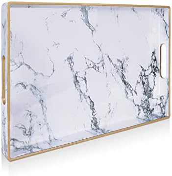 Gifturbo White Serving Tray, Marble Serving Trays with Handles,Rectangular Coffee Table Ottoman Tray Decorative Plastic 
