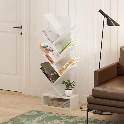 Furinno Tree Book Shelf, 7-Tier Bookshelf, Tree Bookcase with Bottom Shelf, 8.4 x 16.9 x 46.2, for Living Room, Bedroom,