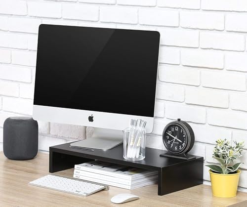 Wood Computer Monitor Stand Riser 16 inch Desktop Stand, Speaker TV Laptop Printer Stand Workspace Organizer (Black-2pac