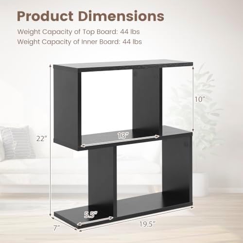 Tangkula 2 Tier Geometric Bookshelf, Freestanding Wood Display Shelf, Home Office Room Divider S Shaped Open Bookcase, S
