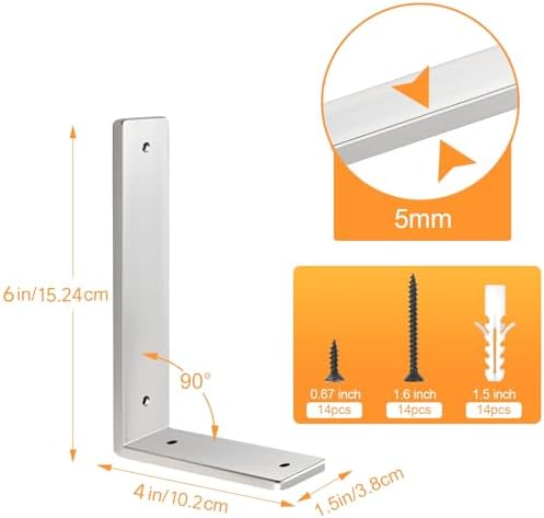 Floating Shelf Bracket Stainless Steel 6 Inch, 6 Pack Heavy Duty Shelf Brackets, Wall Shelf Bracket for DIY Decorative w