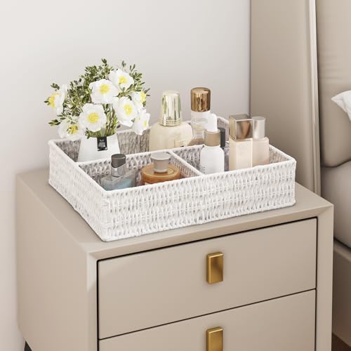 Vagusicc Wicker Divided Storage Basket, White Wicker Baskets, Basket for Shelves Drawer Organizing, 3 Section Rectangula