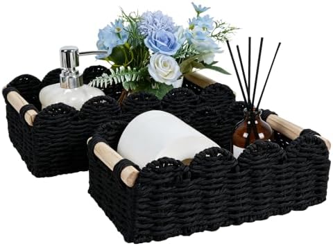 Black Scalloped Wicker Storage Basket Organizer with Handles 2 Pack,Paper Rope Decorative Toilet Paper Baskets & Bathroo