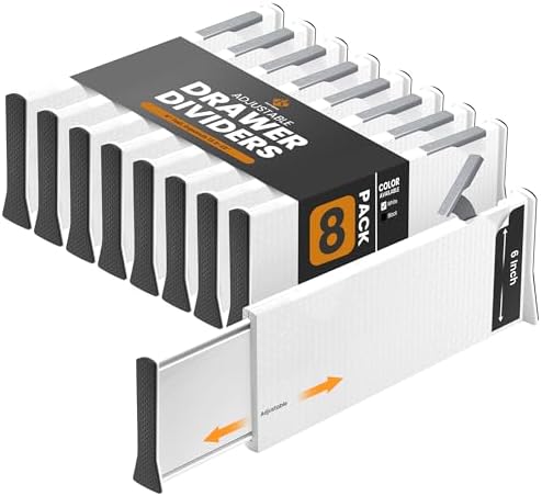 RAPTUROUS Adjustable Deep Drawer Divider – 6" Tall, Expandable 13-22", 8-Pack, Non-Slip Drawer Dividers for Clothes, Dresser, Kitchen & Office Organization (White)