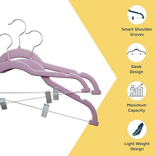 Lifemaster Velvet Skirt Hangers – with Adjustable Clips, 360 Degree Swivel Hook, and Non-Slip Shoulder Notch, Holds Up to 10 lbs, for Organizing Skirt, Pants, Dress, and Clothes, Pack of 50, Purple