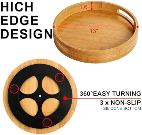 Wooden Lazy Susan Organizer for cabinet-12 Inch Bamboo Kitchen Turntable Organizer with Double Handles-Large Bamboo Lazy