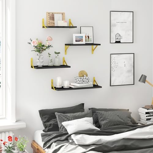 YGEOMER 4 Different Sizes Floating Shelves for Wall Decor, Black and Gold