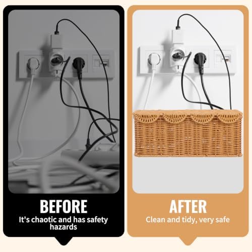 Scalloped Edge Handmade Cable Management Box, Elegant Plastic Rattan Cable Organizer, 2 Open Slots Sturdy Cord Hider Box