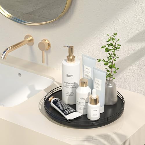 Oroyutor 12-Inch Oak Lazy Susan Vanity Tray, Black Finish