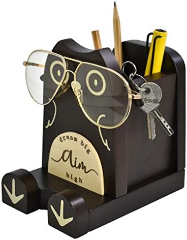 I'm Wood Multipurpose Eyeglass Phone Pen & Pencil Holder Stand Stationery Desk Box Organizer Accessories, Home Office Desktop Decor Birthday Graduation Gifts “Dream Big Aim High” (Owl)