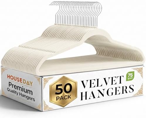 HOUSE DAY Ivory Velvet Hangers 50 Pack, Non Slip Clothes Hangers 17.25 inch
