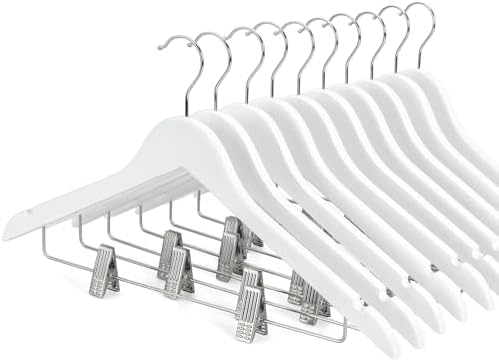 TOPIA HANGER Wooden Suit Hangers with Adjustable Metal Clips (10 Pack), Solid Smooth Wood Clothes Hangers, 360° Swivel Hook, Premium Pants Hangers for Clothes Coat, Jeans, Blouse-White,CT28W