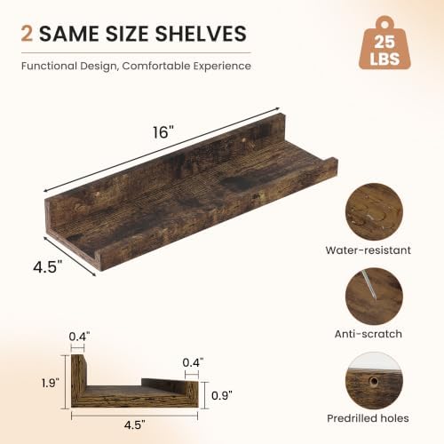 Dreamland Picture Ledge Shelf for Wall, Floating Shelves Set of 2,16 inch Long Floating Shelves with Lip for Living Room,Bedroom,Bathroom,Kitchen,Rustic Brown