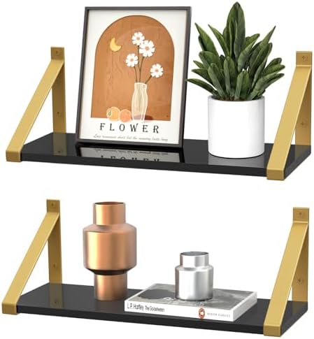 Gold Black Floating Shelves Wall Mounted Set of 2, 8mm Transparent Acrylic, Invisible Wall Shelves for Bedroom, Living R