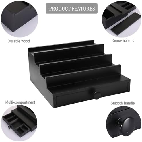 4 Tier Men's Cologne Organizer, Black Wooden Display Stand with Drawer