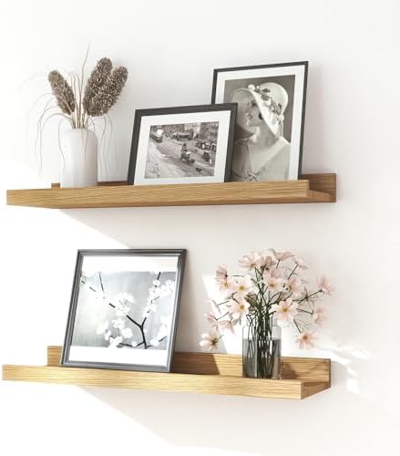 Oak Floating Shelves for Wall Decor, 16 in Shelf with Lip, 2 Set