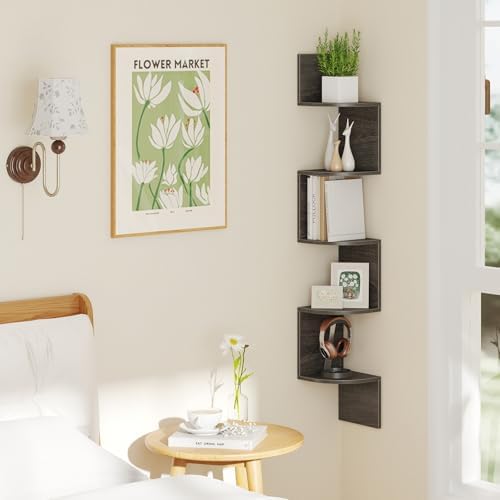 GIANTEX Corner Shelf Wall Mounted Set of 2, 5-Tier Floating Corner Bookshelf, Home Storage Organizer, Wooden Display Sta