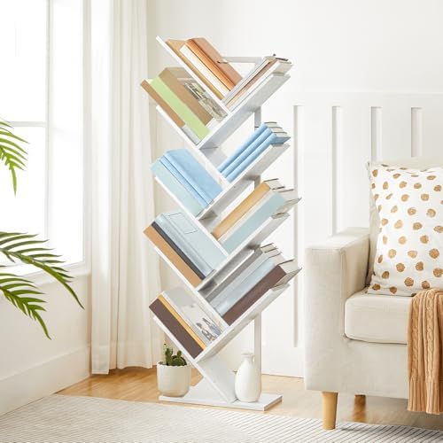 HOOBRO Tree Bookshelf, 9-Tier Bookcase Wooden Shelves, Floor Standing Storage Rack, for Display of CDs, Books in Living 