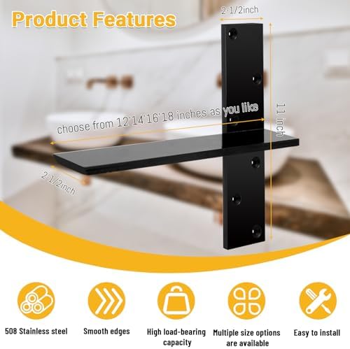 3/8" Thick Heavy-Duty Floating Shower Bench Brackets - 16" L x 2.5" W Wall Mount Bracket, Free Hanging T Shelf Support B