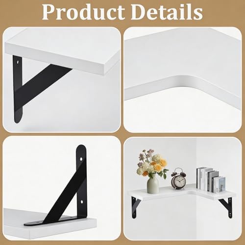 Set of 5 Corner Floating Shelves, Rustic Wood Shelves, White