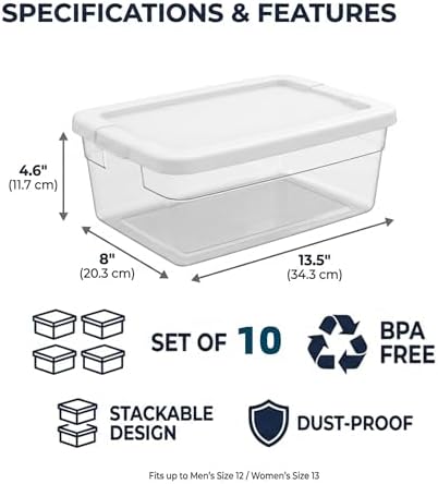 Storage Bins with Lids, 10 Pack 6 Qt Clear Plastic Stackable Shoe Boxes, Lid Organizer for Garage, Craft Supplies and Cl