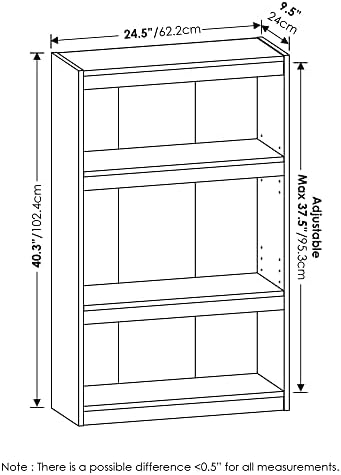 Furinno Jaya Book Shelf, 3-Tier Modern Bookshelf with Adjustable Shelf, Bookcase with Open Shelf, 9.5 x 24.5 x 40.3, for