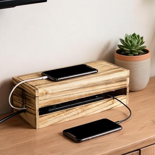 Changsuo Cable Management Box Wooden Cord Organizer Box for Extension Cord Power Stripe Surge Protector Wire Management 