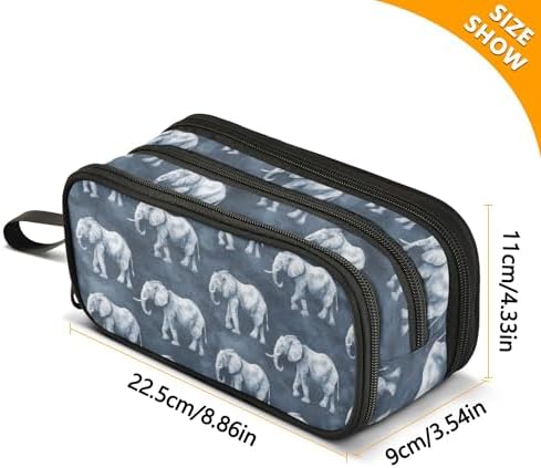 Fisyme Grey Vintage Elephant Pencil Case Large Capacity Pen Box Makeup Pouch Holder Organizer Stationery Bag for School Office College Traval