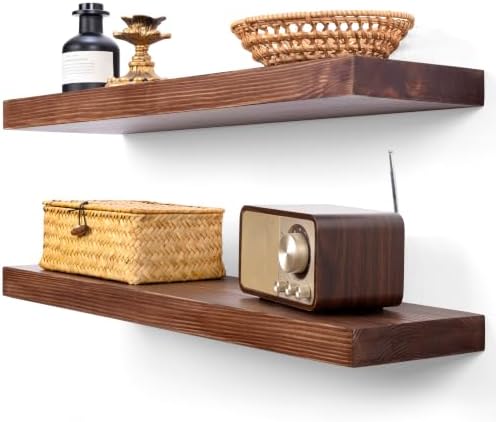 BGMG Wood Floating Shelves for Wall 24 inch Set of 2, Rustic Wooden Wall Mount Shelves for Bathroom Living Room Bedroom Kitchen Farmhouse -24x 6.7-Rustic Brown