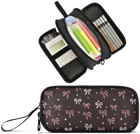 Wfrish Big Capacity Pencil Case for Girl Boy Pink Bows Stars Black Student Pencil bag Pen Pouch Large Stationery 3 Compartments Zippers Organizer School College Office Teens Adults