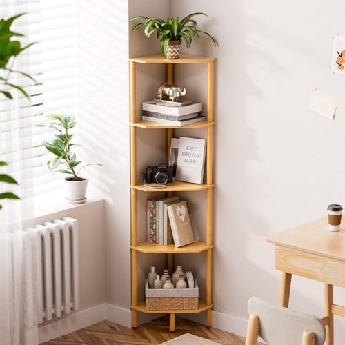 Corner Shelf, 5 Tier Bamboo Corner Bookshelf, 54" Tall Narrow Bookcase, Plant Stand, Corner Display Rack, Shower Caddy, 