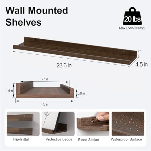 Walnut Floating Shelves for Wall Decor, 24 in Shelf with Lip, 2 Set