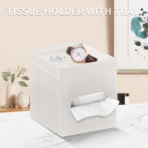 Tissue Box Cover Square, PU Leather Tissue Cube Box Holder with Storage Valet Tray, Decorative Tissue Holders, Modern Ti