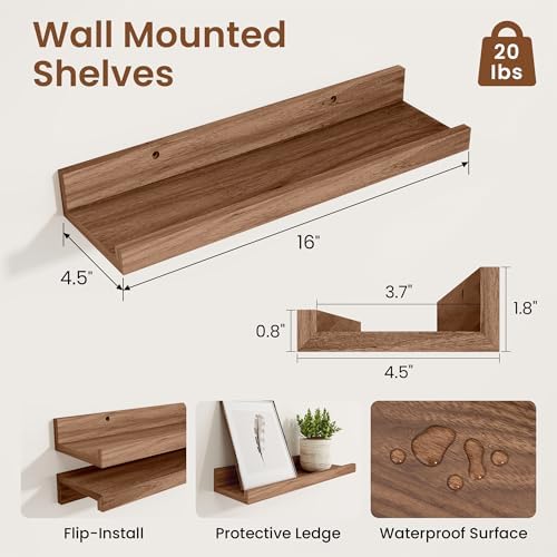 Heimlove Picture Ledge Shelf, Small Floating Shelves Set of 2, 16 Inches Picture Shelf for Wall with Ledge, Kids Bookshe
