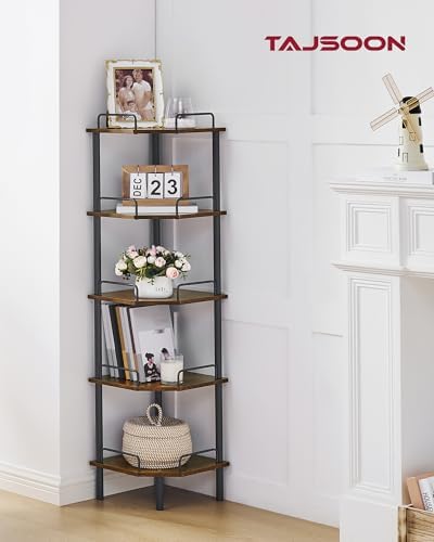 Tajsoon 5 Tier Corner Shelf Stand, Small Corner Table, Rustic Brown