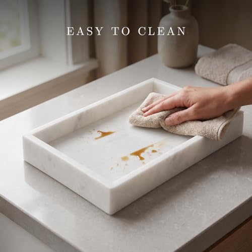 Bey-Berk Atticus White Marble Shallow Towel Tray, 1.125 in Interior Depth, Decorative Vanity or Guest Towel Holder