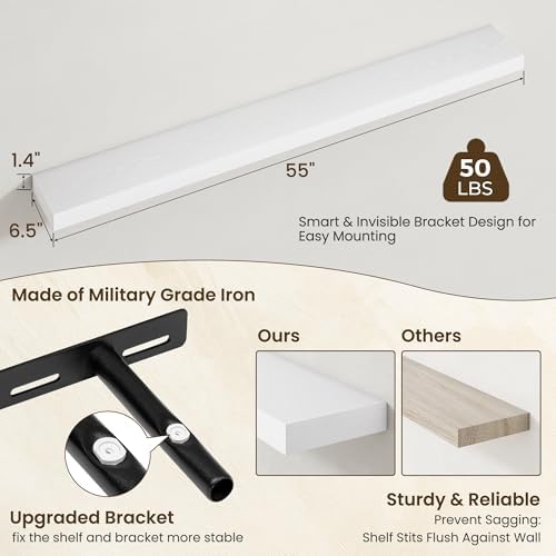Axeman 55Inch Floating Shelves for Wall, 2 Packs, Invisible Brackets, White