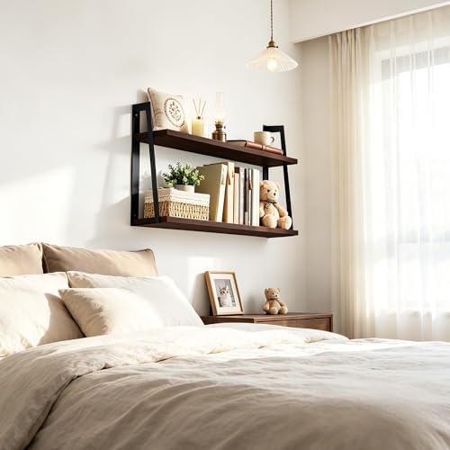 SRIWATANA Dark Walnut 2-Tier Floating Shelves, Wood Wall Storage Shelf Unit