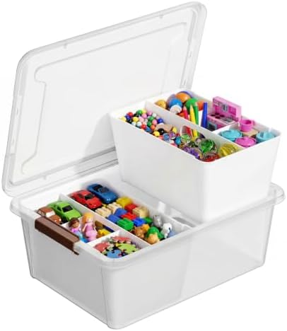 MACOPRO 17QT Craft Storage Box with 2 Removable Caddy Trays, Clear Stackable Plastic Organizer with Lid for Art Supplies