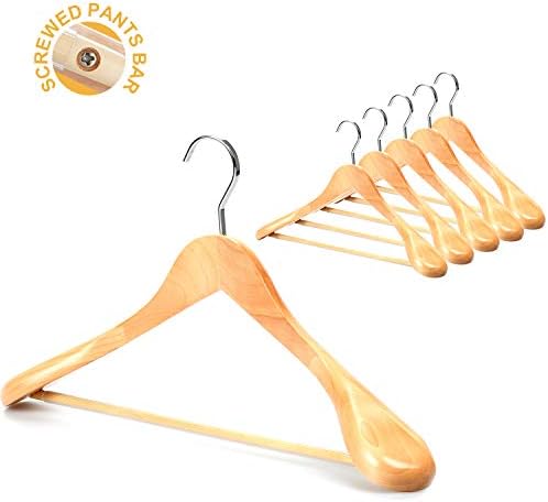 TOPIA HANGER Set of 6 Luxury Natural Wooden Coat Hangers, Premium Wood Suit Hangers, Glossy Finish with Extra-Wide Shoulder, Thicker Chrome Hooks & Anti-Slip Bar CT02N