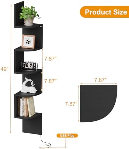 Qupui 5-Tier Corner Shelf with LED, 49" Floating Wall Shelf, Black