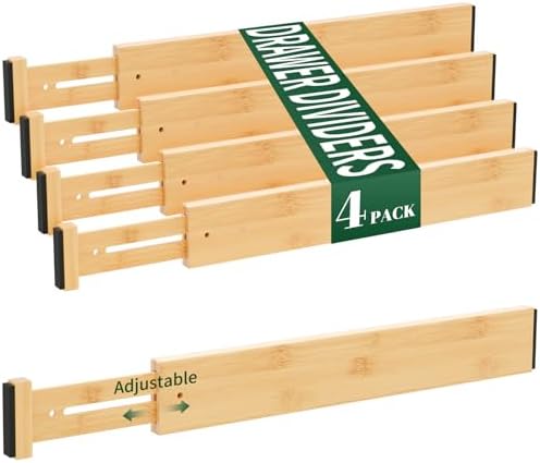 Dunruz Bamboo Drawer Dividers 2.6" High,17"-20" Adjustable Spring Loaded Clothes Drawer Organizers for Kitchen, Dresser, Bathroom, Bedroom and Office