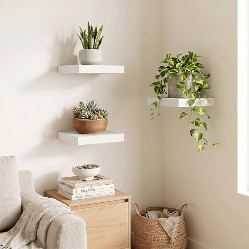 Square Floating Shelves for Wall, Small Corner Shelves, 8"W x 8"D, Set of 3