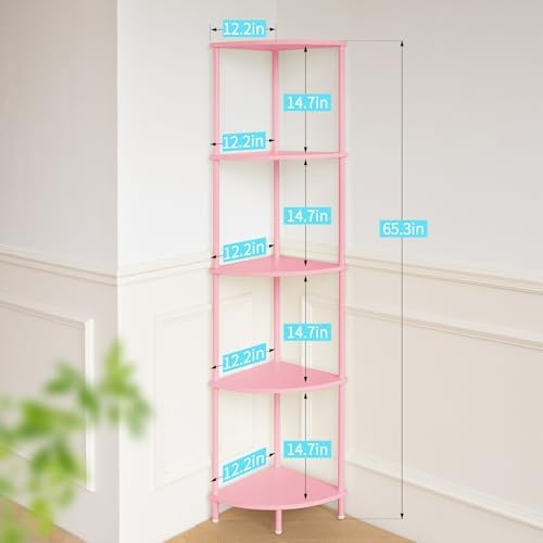 Yoobure Corner Shelf Stand, 5-Tier Bookshelf, 65" Tall Shelves for Bedroom, Living Room, Narrow Display Bookcase, Pink w