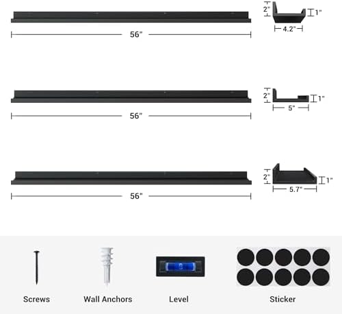 Axeman Picture Ledge Shelf, 55 Inch Black Floating Shelves Set of 3