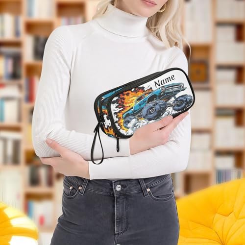 Custom Truck Flame Pencil Case Box Boys Girls Personalized Name Large Pencil Pouch Stationery Pen Bag Organizer for Kids Adults School Office