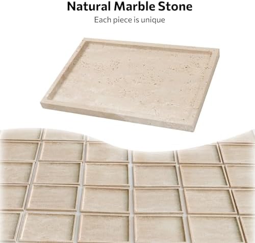 Marble Vanity Tray, 12 Inch Rectangular Travertine Tray for Bathroom Countertop Dresser, Large Marble Tray for Kitchen, 