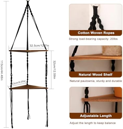 Artilady Corner Shelf Macrame Wall Hanging Balck, Boho Wood Storage Decor