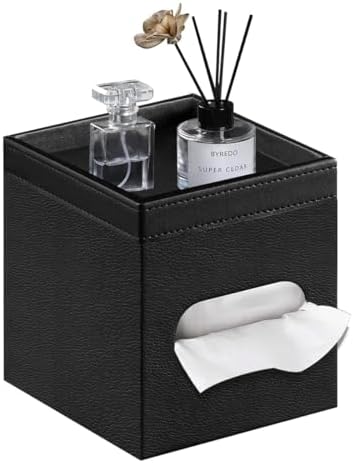 PU Leather Square Tissue Box Cover with Storage Tray - Decorative Organizer for Bathroom Vanity, Night Stands, Office De